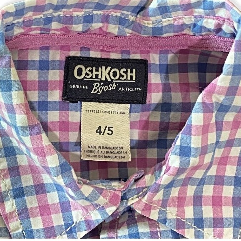 OshKosh B'Gosh Boy's Dress Shirt Size 4 / 5 Blue & Pink Plaid Button Down Spring - Picture 7 of 8